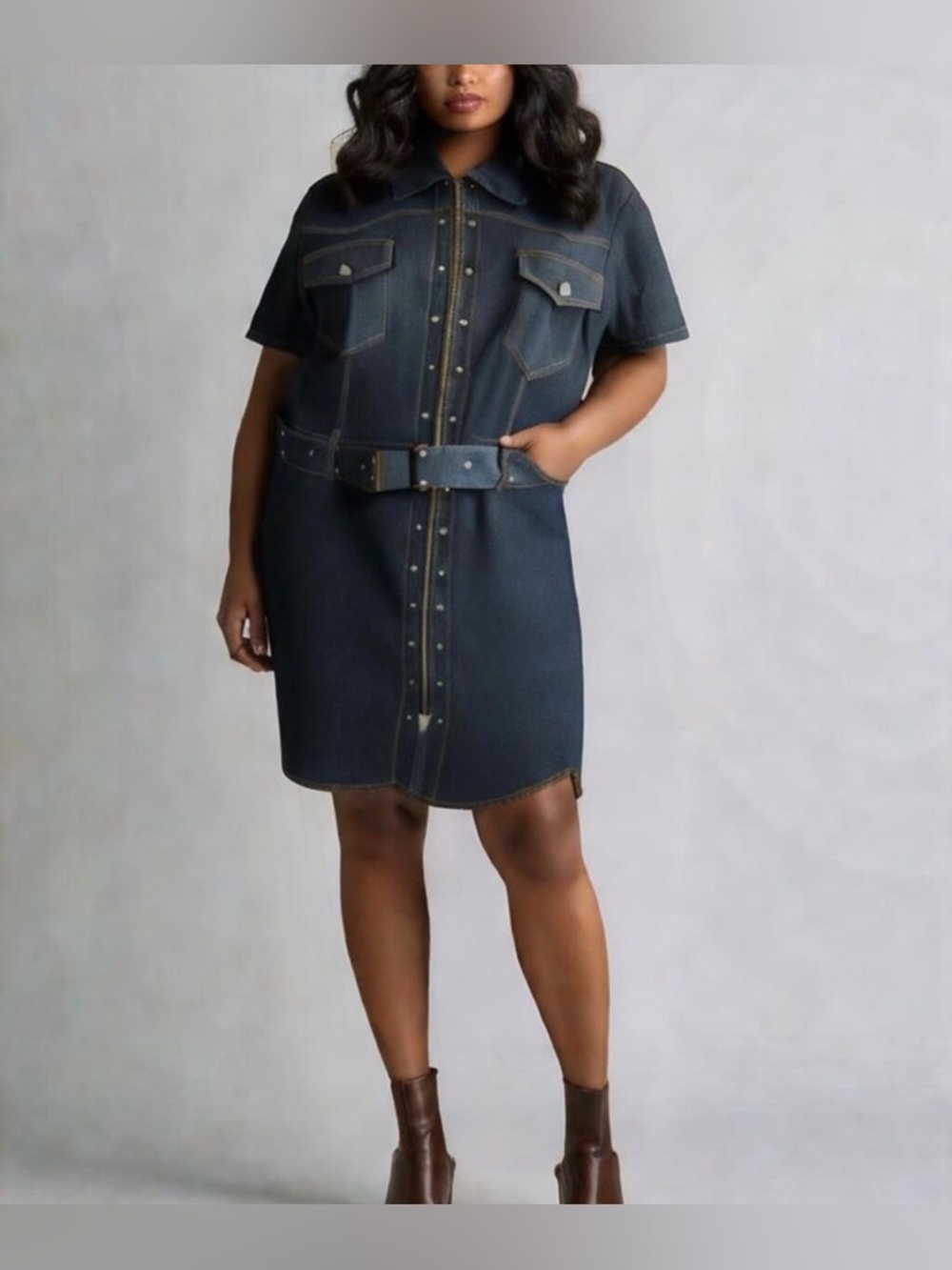 Zoey Beth Dark Wash Denim Y2K Mini Dress Grommets business Casual Punk Biker
